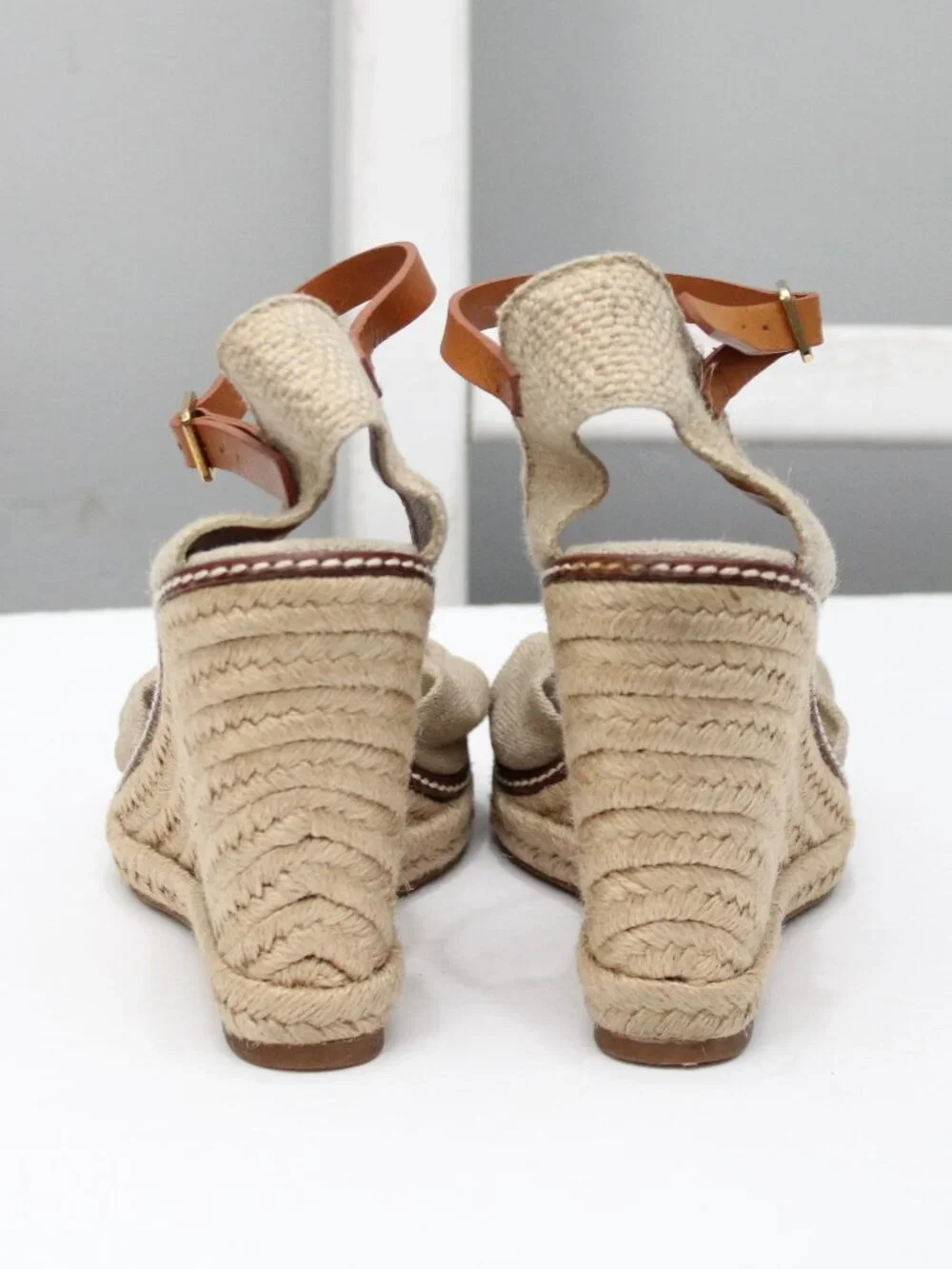 TORY BURCH Natural Linen Canvas Peep Toe Wedge Platform Espadrille Heels Tan 8.5